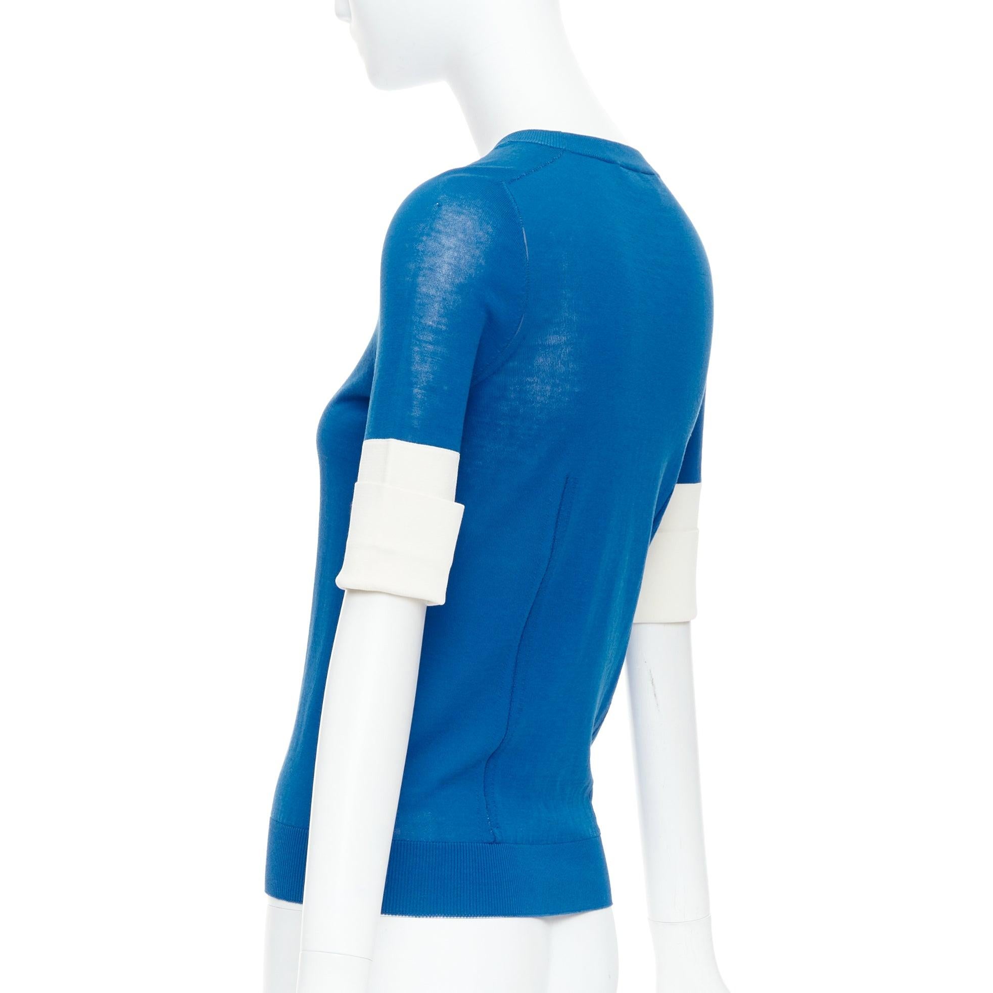 ROCHAS blue half sleeve cream cuff R logo sheer pullover top IT38 XS For Sale 1