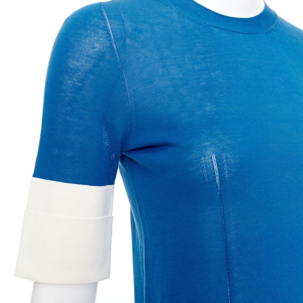 ROCHAS blue half sleeve cream cuff R logo sheer pullover top IT38 XS For Sale 2