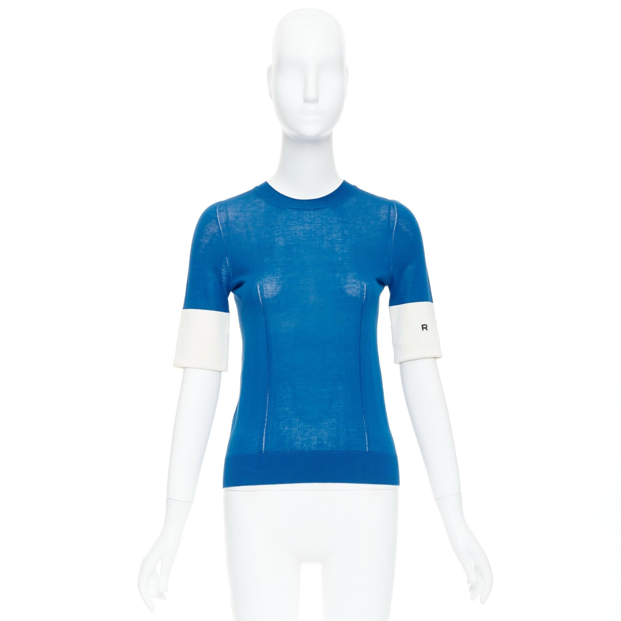 ROCHAS blue half sleeve cream cuff R logo sheer pullover top IT38 XS For Sale 4