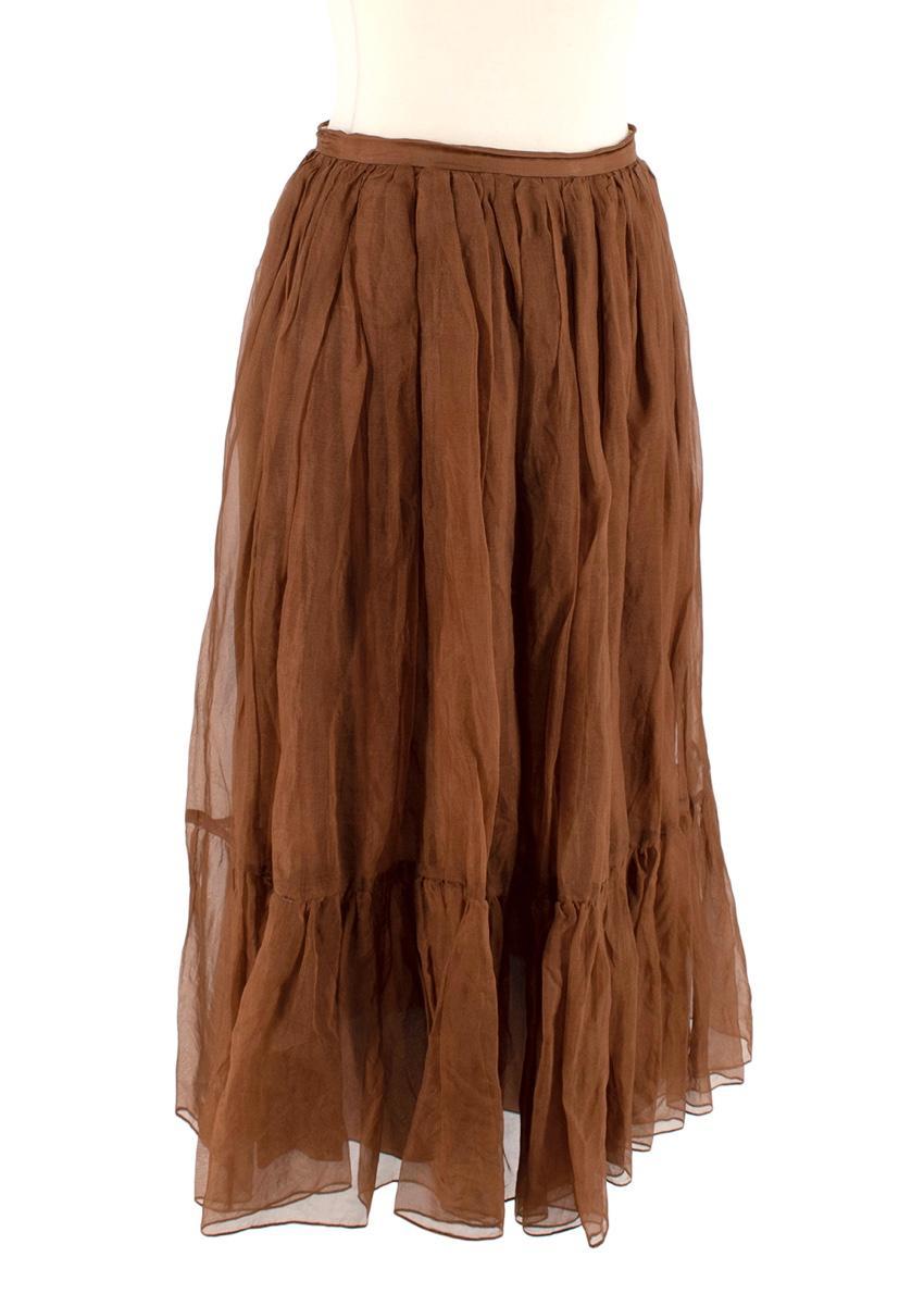 Rochas Brown Silk Chiffon Ballet Skirt

- Rich nut brown silk chiffon layers, with subtle flounce hem, creating a ballerina style effect
- Gently gathered onto a narrow waistband
- Concealed side zip
- Style with a fine cashmere knit for daytime,