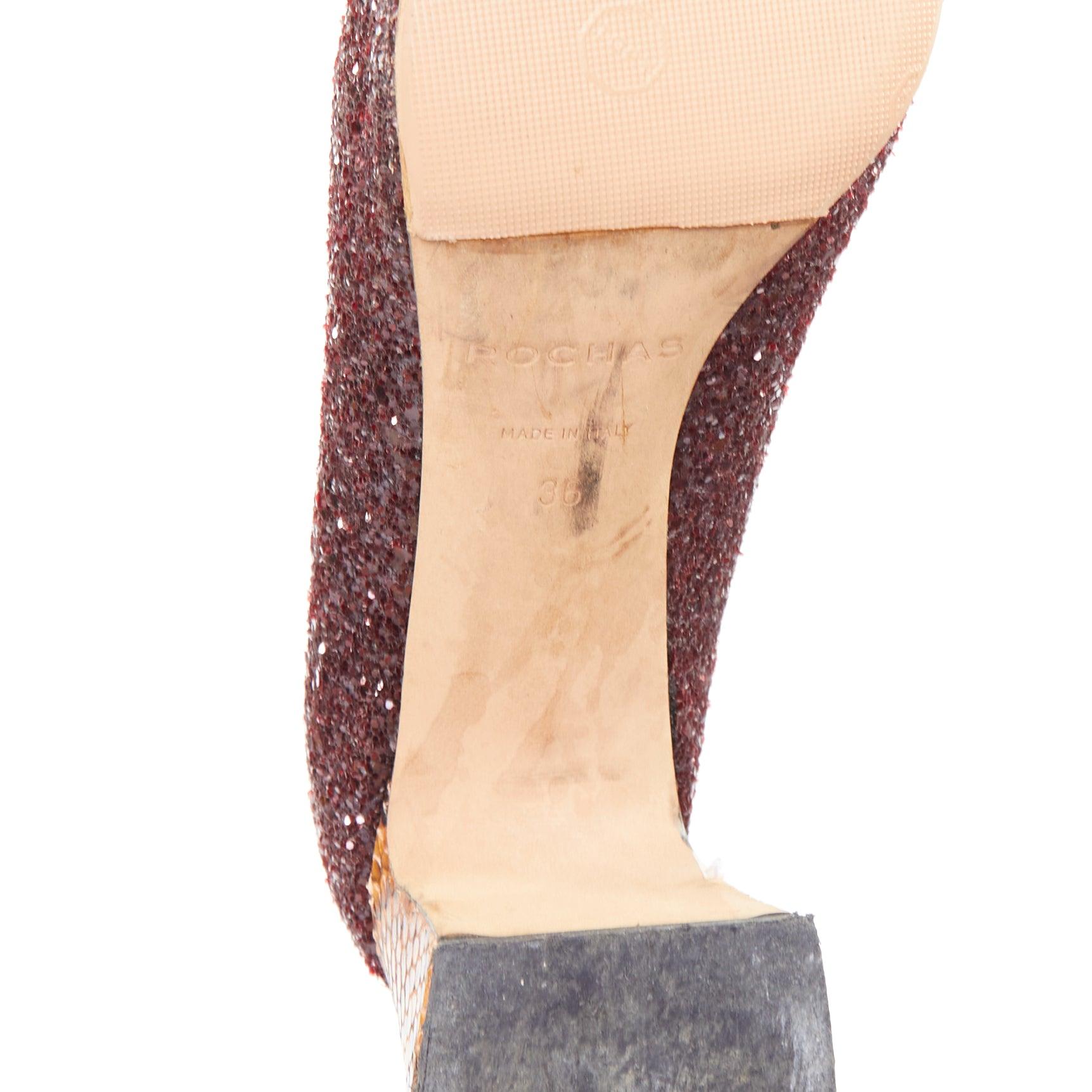 ROCHAS burgundy glitter brown scaled leather sculpted heel loafers EU36 im Angebot 5
