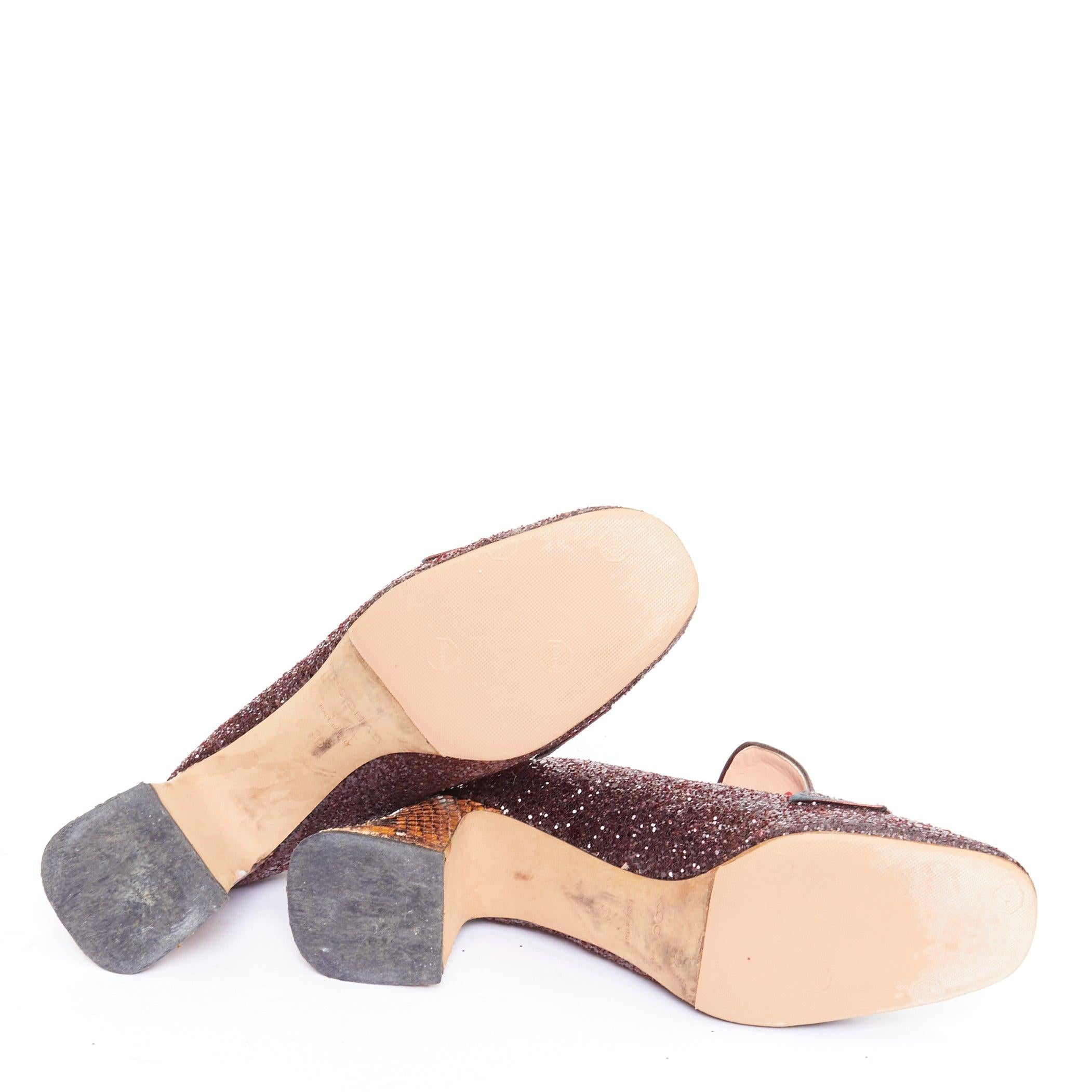 ROCHAS burgundy glitter brown scaled leather sculpted heel loafers EU36 im Angebot 6