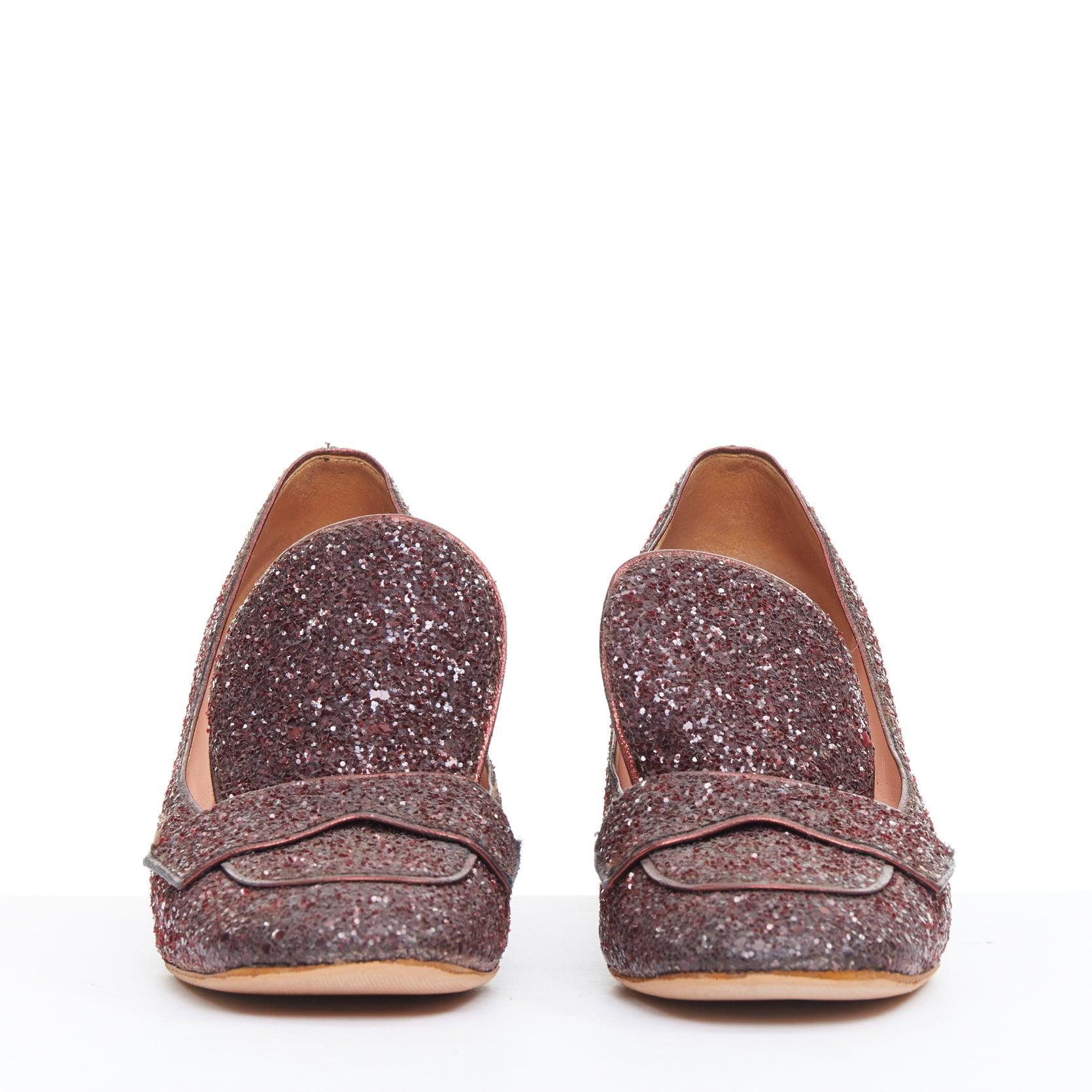 ROCHAS burgundy glitter brown scaled leather sculpted heel loafers EU36 (Braun) im Angebot
