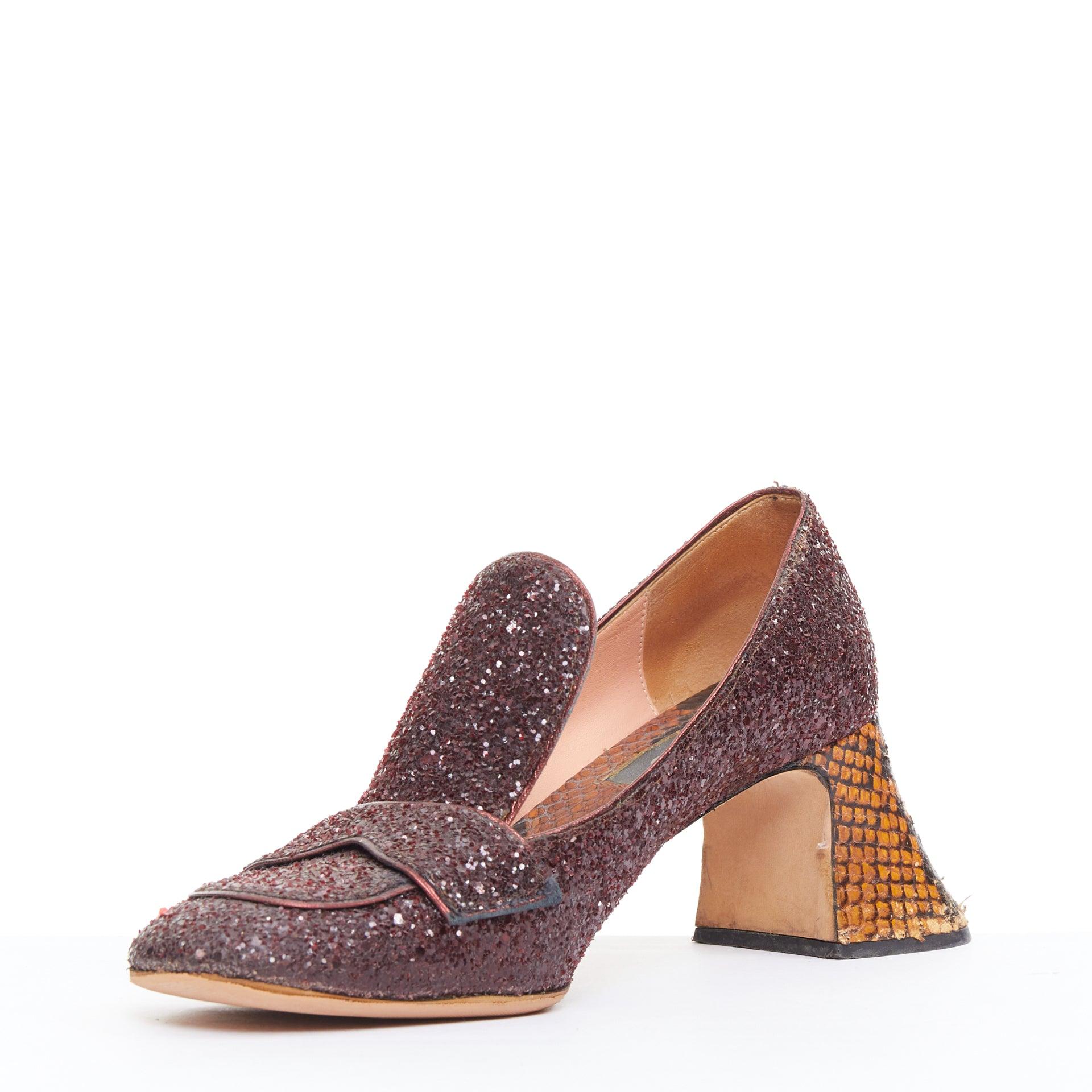 ROCHAS burgundy glitter brown scaled leather sculpted heel loafers EU36 im Zustand „Relativ gut“ im Angebot in Hong Kong, NT