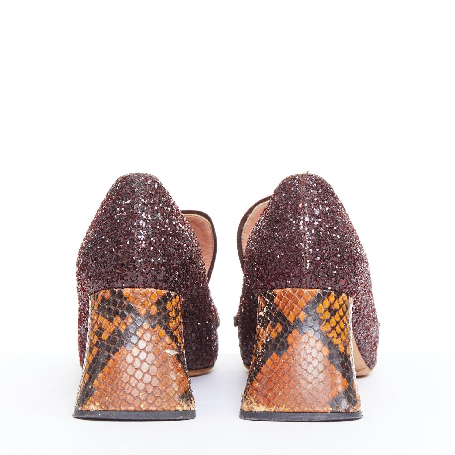 ROCHAS burgundy glitter brown scaled leather sculpted heel loafers EU36 Damen im Angebot