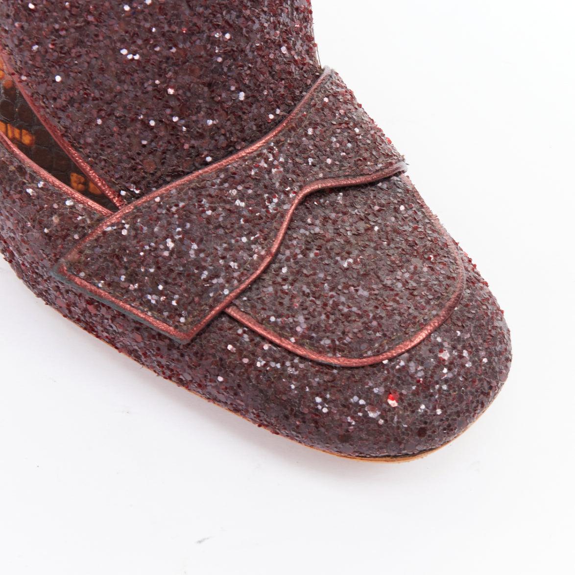 ROCHAS burgundy glitter brown scaled leather sculpted heel loafers EU36 im Angebot 2