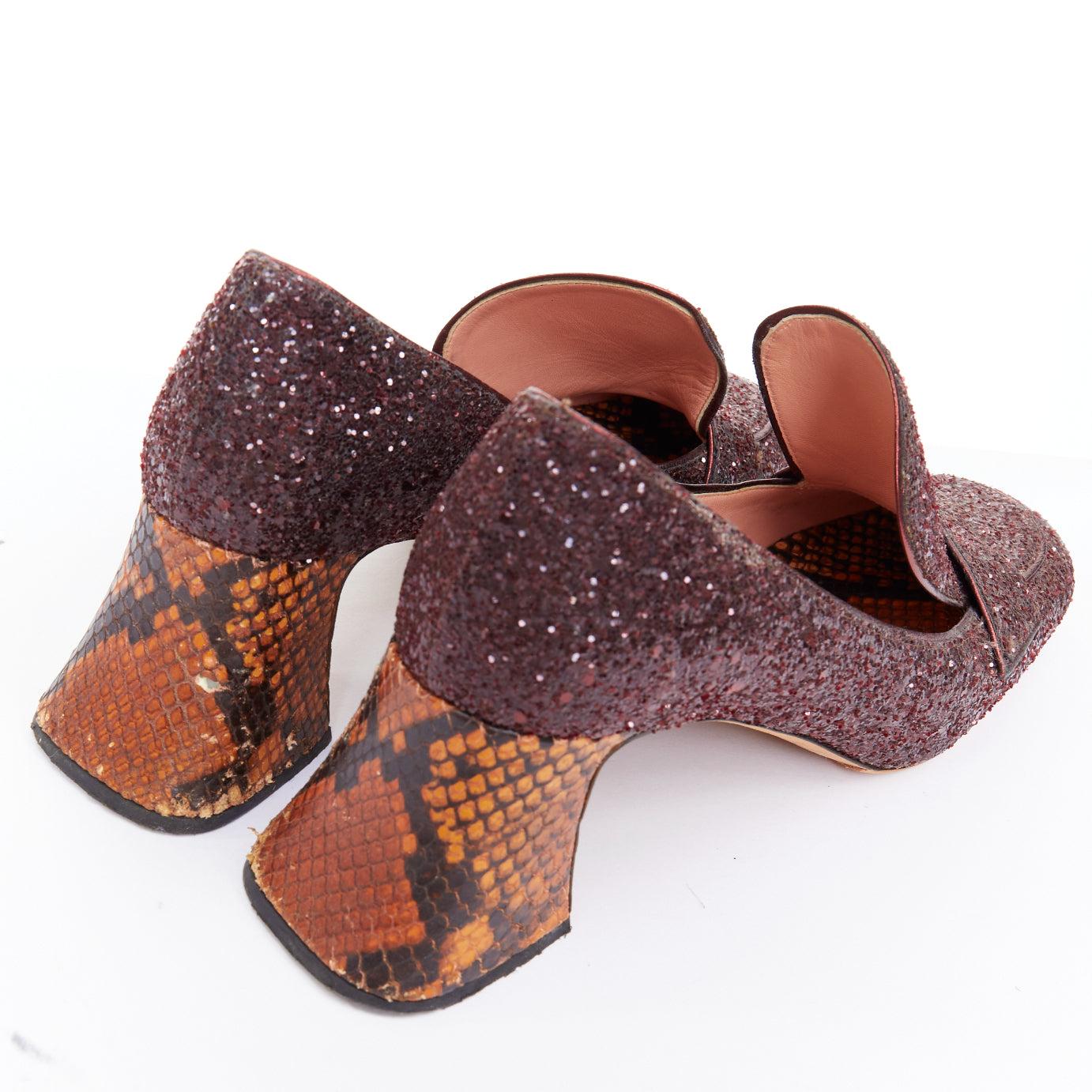 ROCHAS burgundy glitter brown scaled leather sculpted heel loafers EU36 im Angebot 3