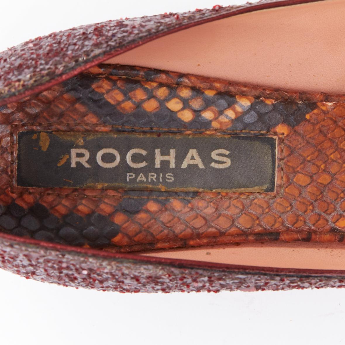 ROCHAS burgundy glitter brown scaled leather sculpted heel loafers EU36 im Angebot 4