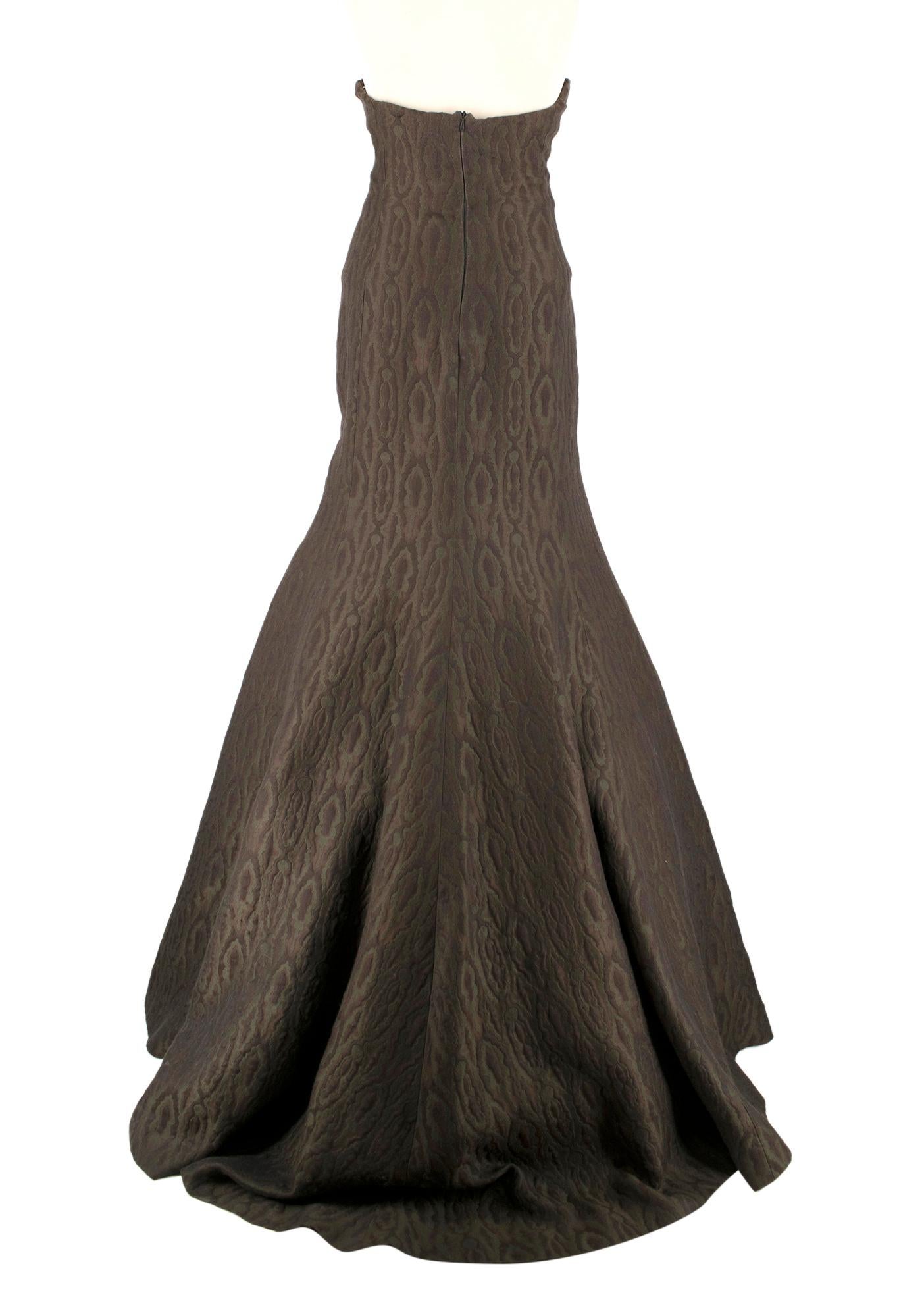 Black Rochas Chocolate Brown & Green Wool & Silk Jacquard Fishtail Gown US 4