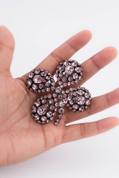 Rochas Clover Silver Plated Brooch with Pink Rhinestones