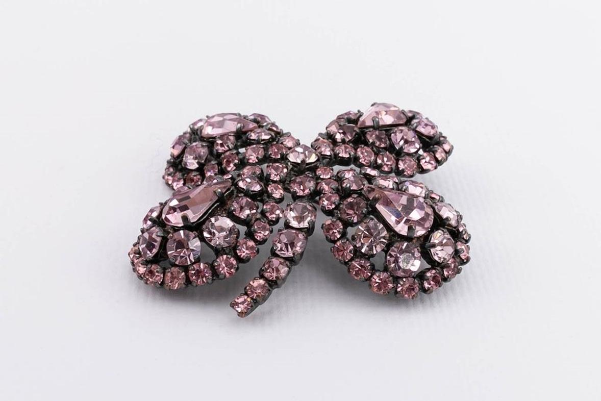 Women's Rochas Clover Silver Plated Brooch with Pink Rhinestones For Sale