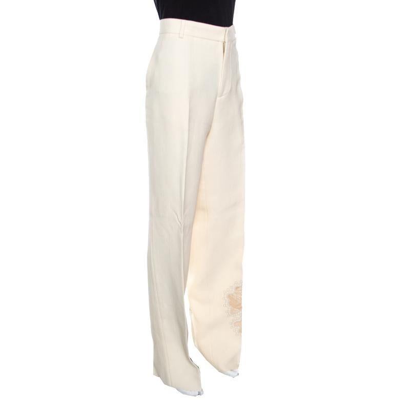 Beige Rochas Cream Floral Embroidered Mesh Detail Tailored Trousers XL