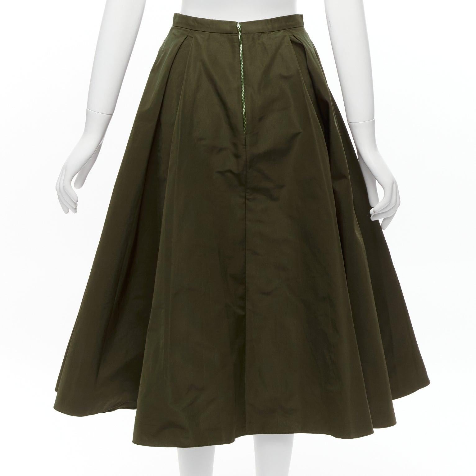 Women's ROCHAS dark green bias cut nylon A-line safari midi skirt IT38 XS For Sale
