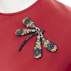 ROCHAS dragonfly crystal embellished red polyester short sleeve boxy top IT38 XS