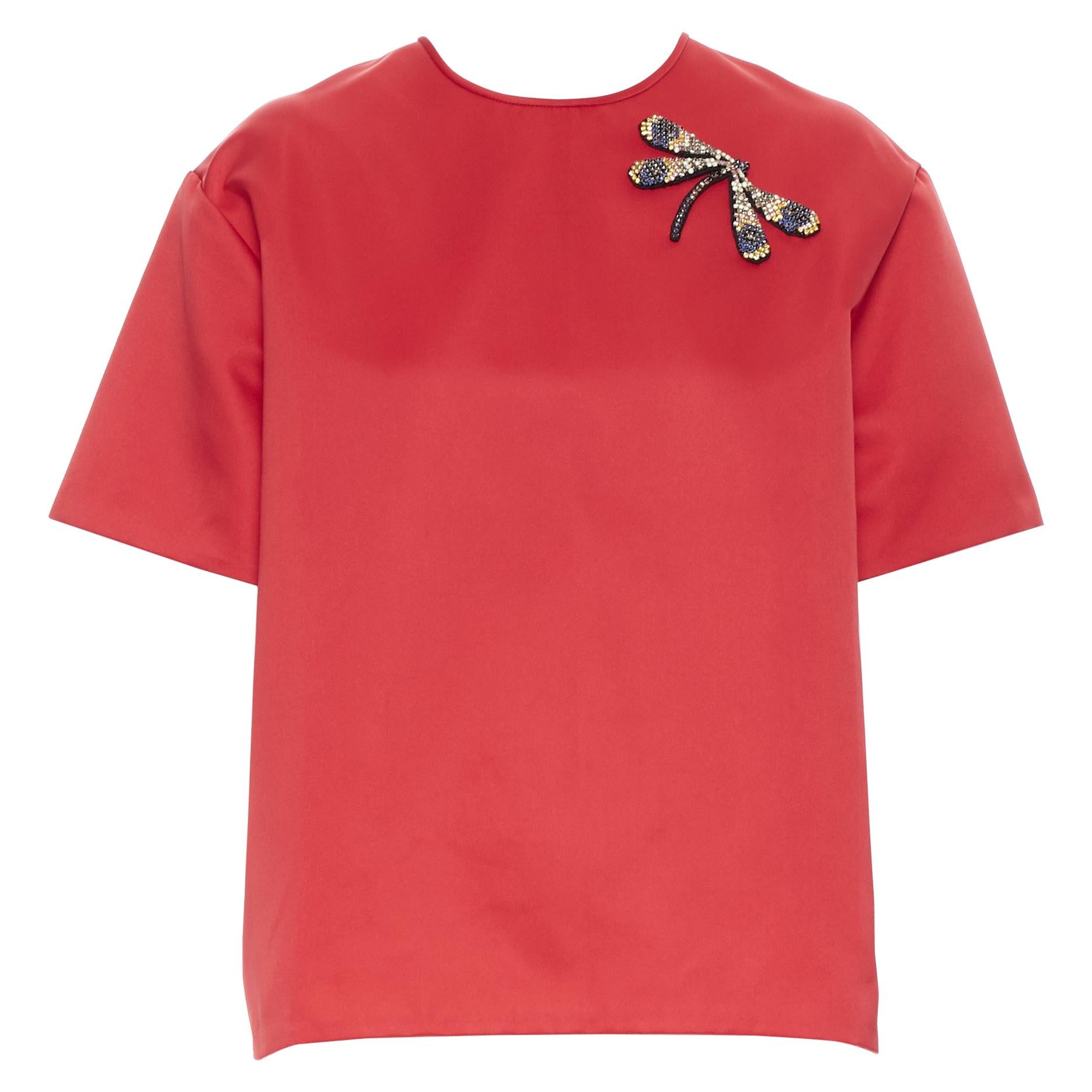 ROCHAS dragonfly crystal embellished red polyester short sleeve boxy top IT38 XS