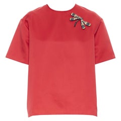 ROCHAS libélula cristal adornada poliéster rojo top de manga corta IT38 XS