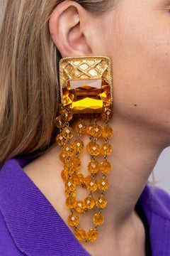 Rochas Golden Gilted Metal Clip-on Earrings with Rhinestones & Beads