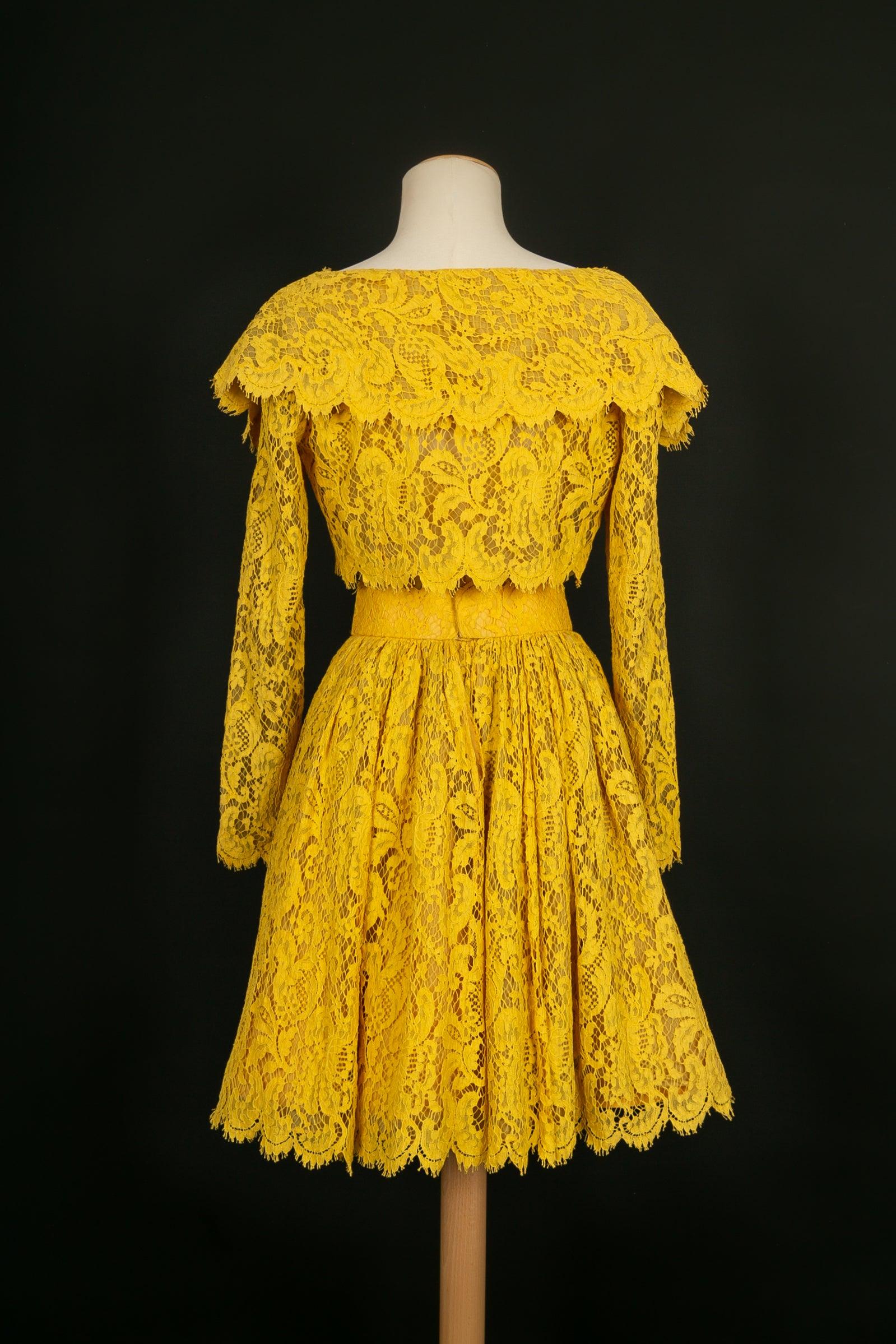 Rochas Haute Couture Dress and Bolero in Organza and Yellow Guipure In Excellent Condition For Sale In SAINT-OUEN-SUR-SEINE, FR