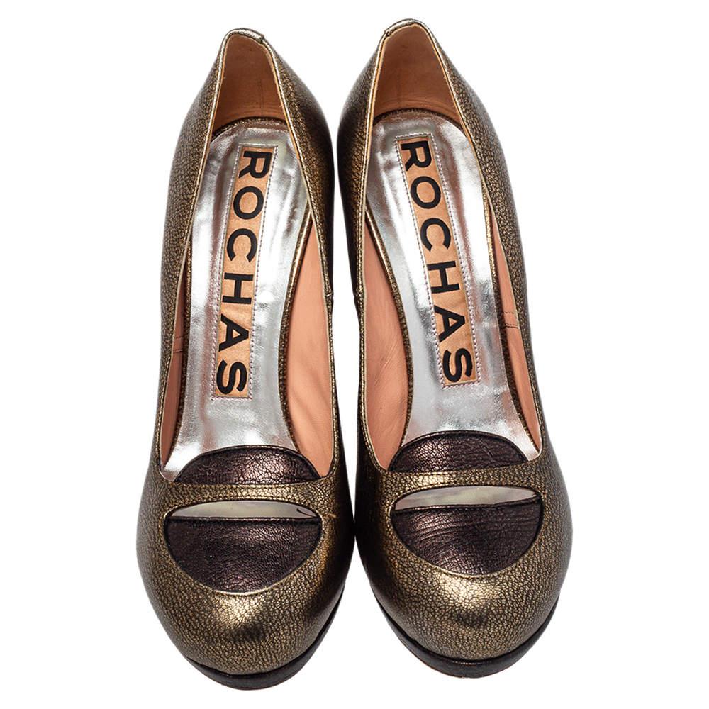Black Rochas Metallic Bronze/Brown Leather Block Heel Loafer Pumps Size 39