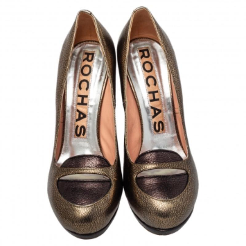 Black Rochas Metallic Bronze/Brown Leather Block Heel Loafer Pumps Size 39 For Sale