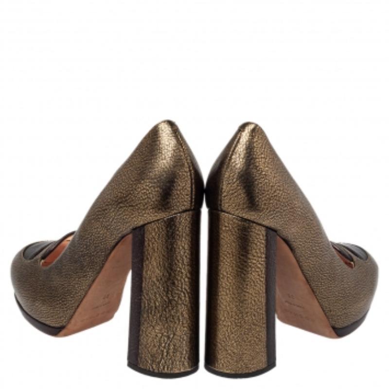 Rochas Metallic Bronze/Brown Leather Block Heel Loafer Pumps Size 39 For Sale 1