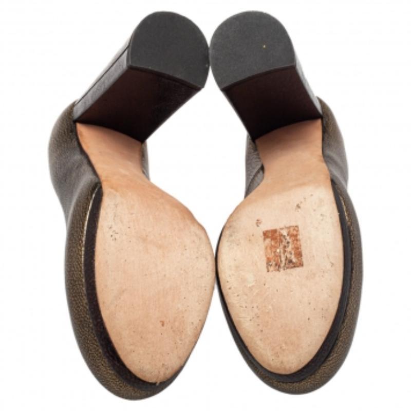 Rochas Metallic Bronze/Brown Leather Block Heel Loafer Pumps Size 39 For Sale 2