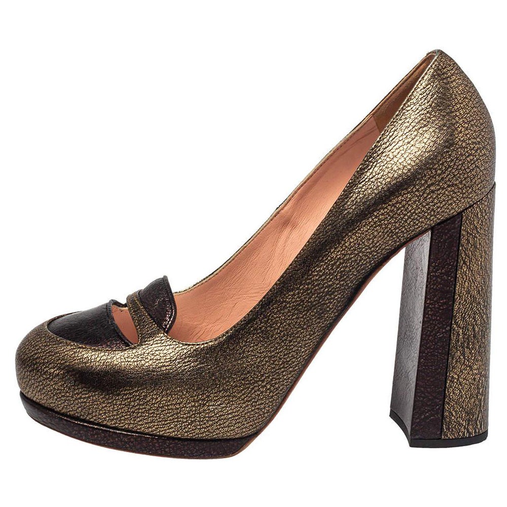 Rochas Metallic Bronze/Brown Leather Block Heel Loafer Pumps Size 39