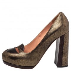 Rochas Metallic Bronze/Brown Leather Block Heel Loafer Pumps Size 39