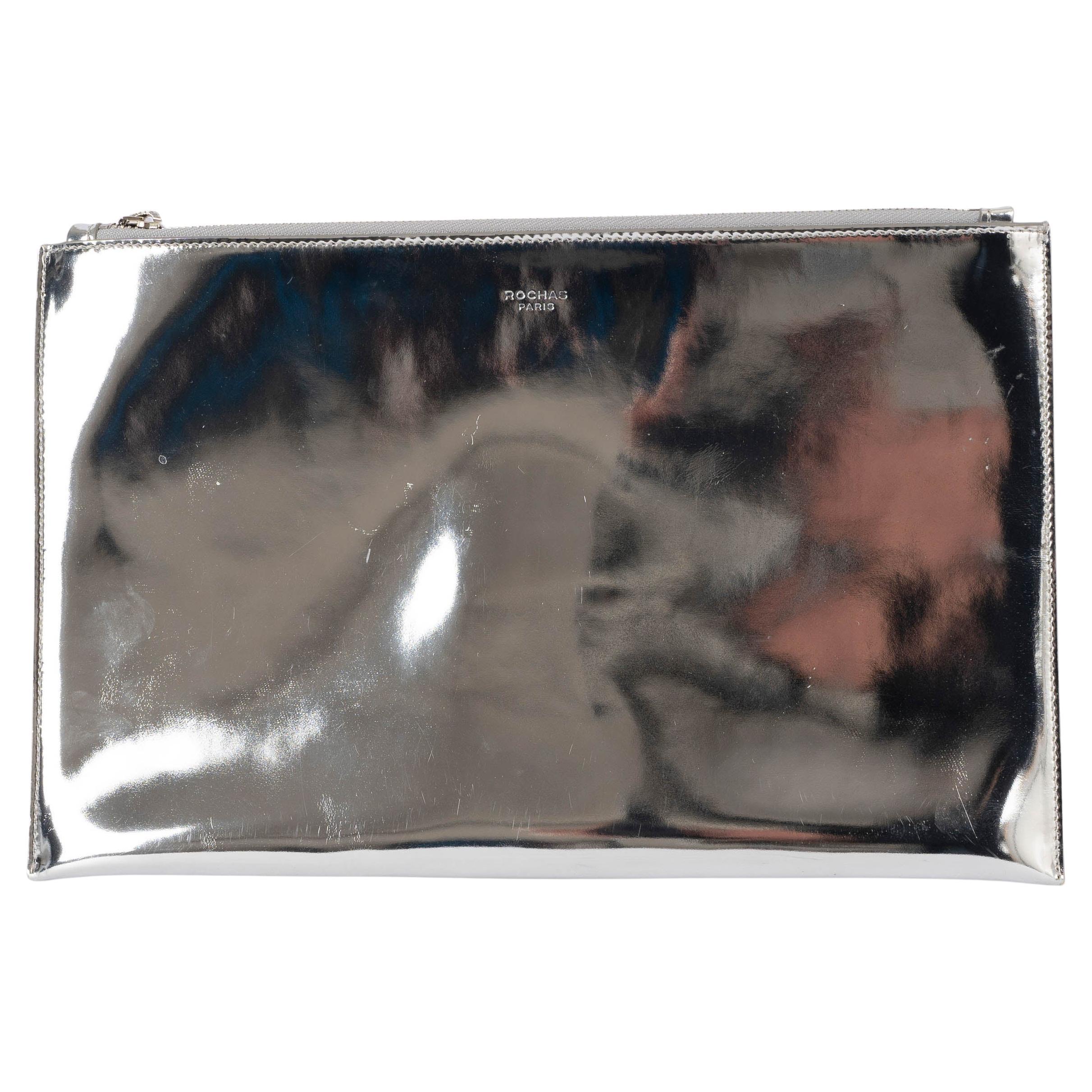 ROCHAS metallic silver leather ZIP Clutch Bag