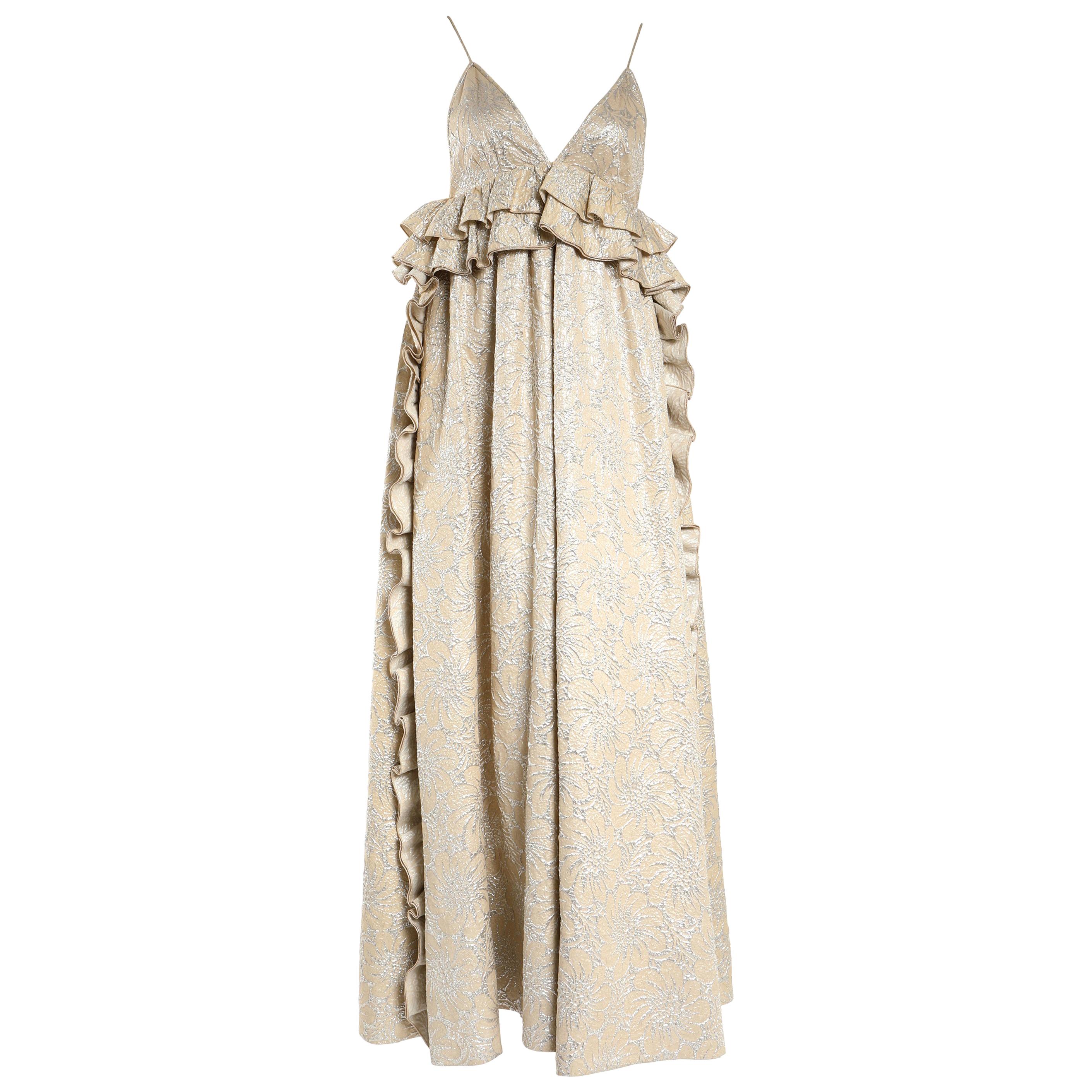 Rochas Nude and Metallic Silver Embossed Ruffle Gown