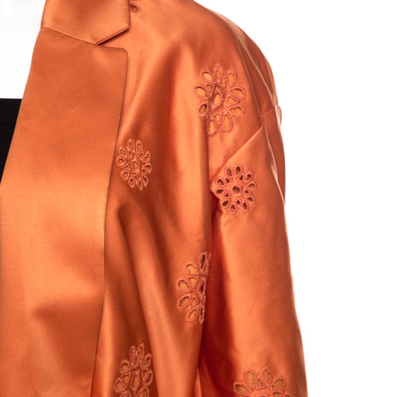 Rochas Orange San Gallo Eyelet Embroidered Duchesse Satin Belted Overcoat L 1