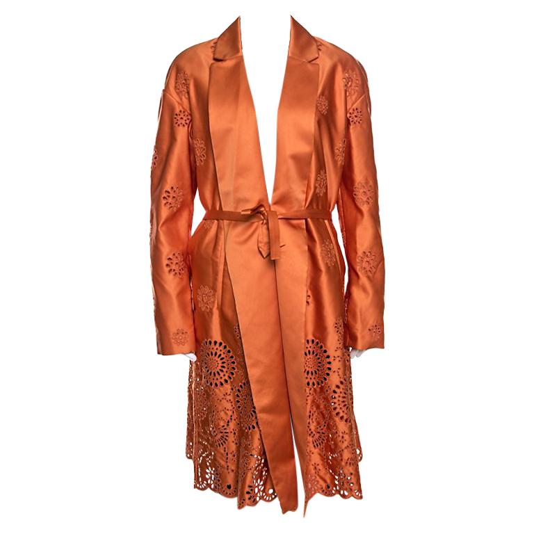 Rochas Orange San Gallo Eyelet Embroidered Duchesse Satin Belted Overcoat L