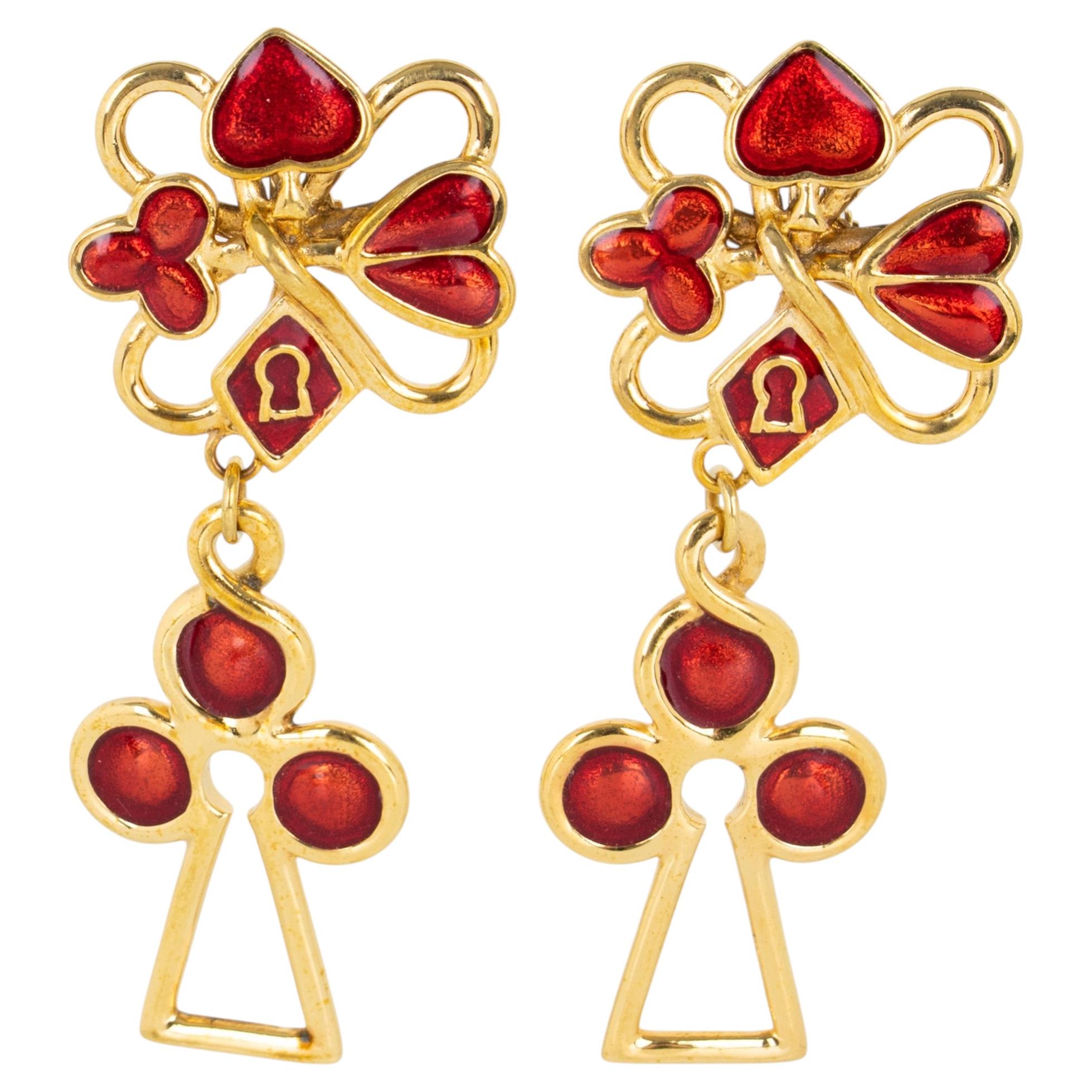 Pre-owned Rochas Paris Gilded Metal And Red Enamel Dangle Clip Earrings