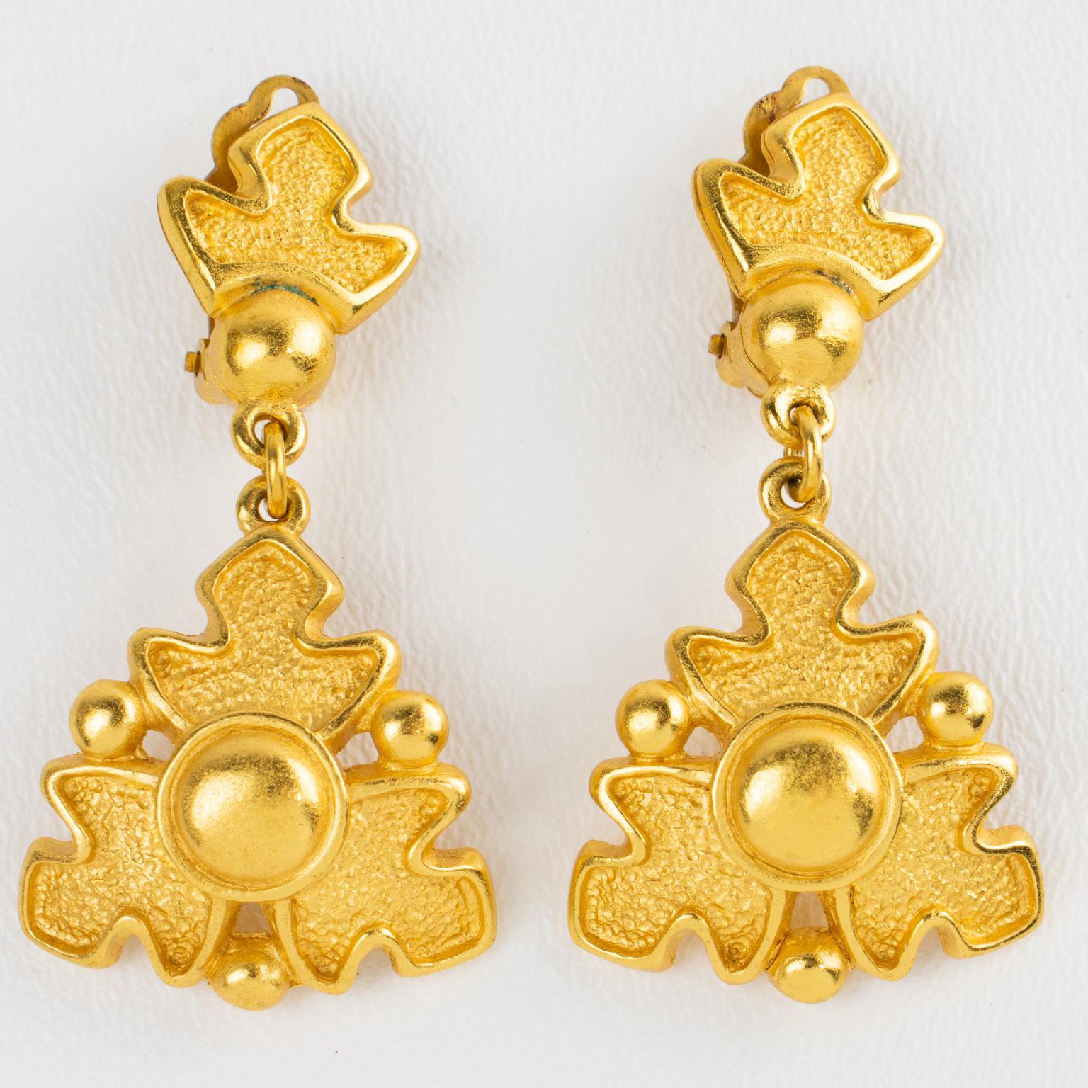 Modern Rochas Paris Textured Gilded Metal Dangle Clip Earrings For Sale