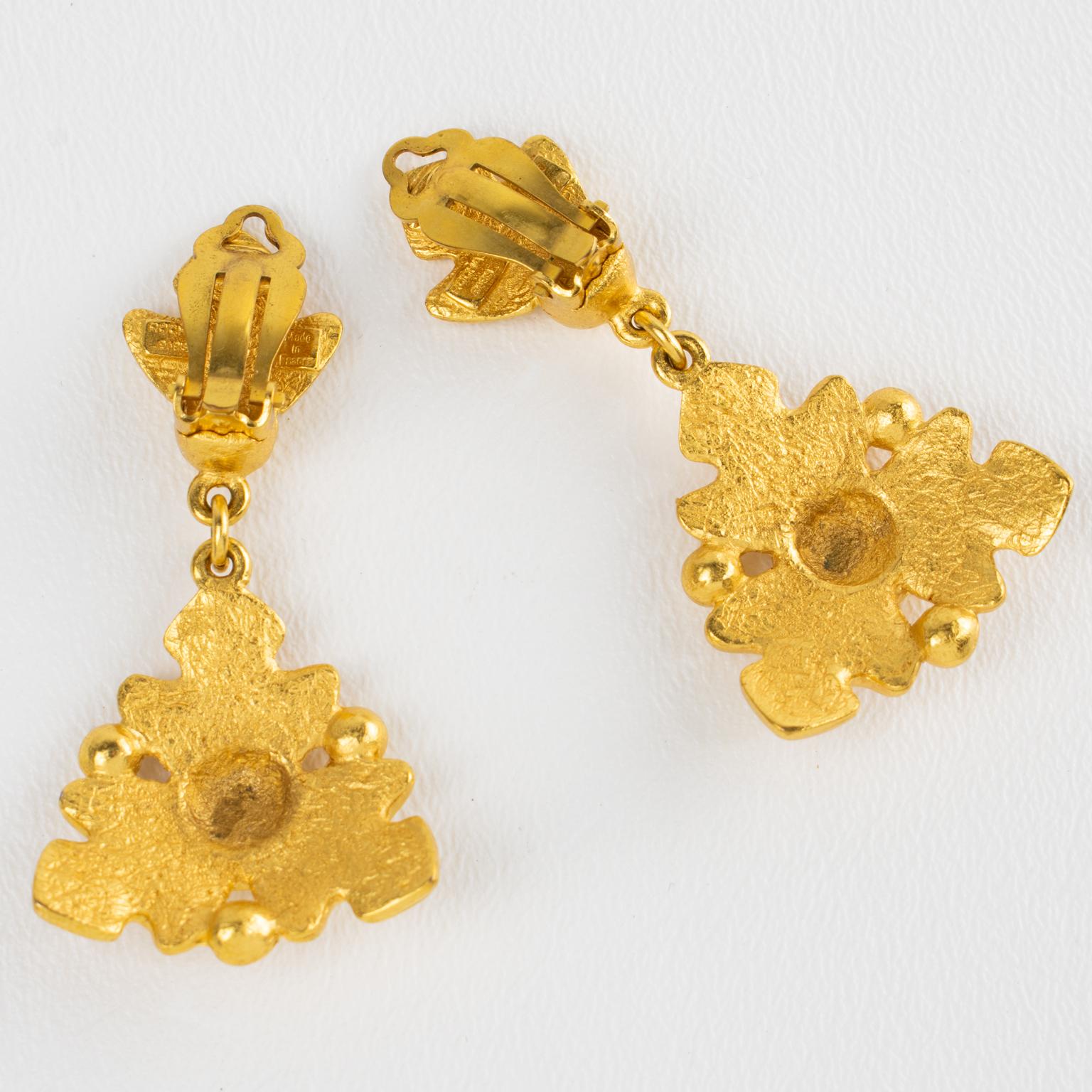 Women's Rochas Paris Textured Gilded Metal Dangle Clip Earrings For Sale