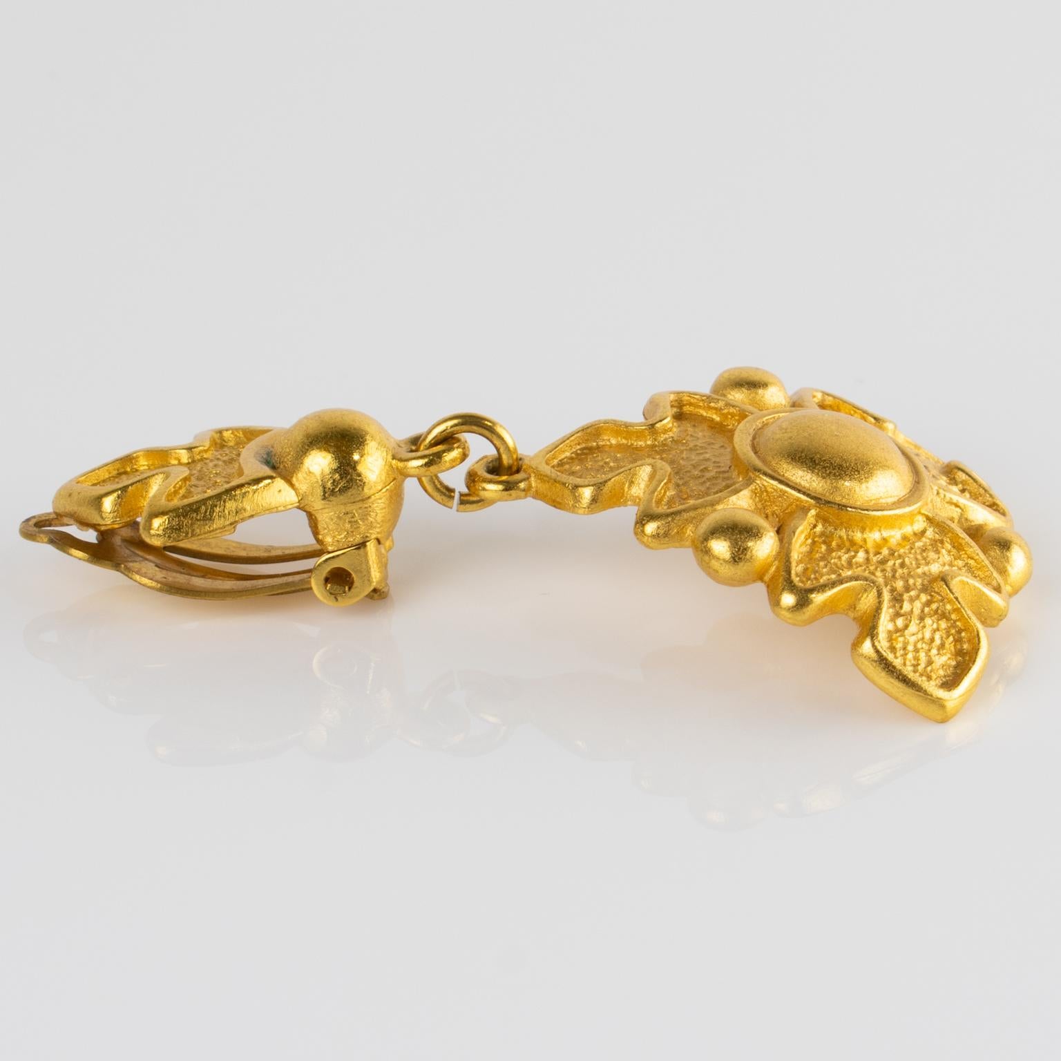Rochas Paris Textured Gilded Metal Dangle Clip Earrings For Sale 2