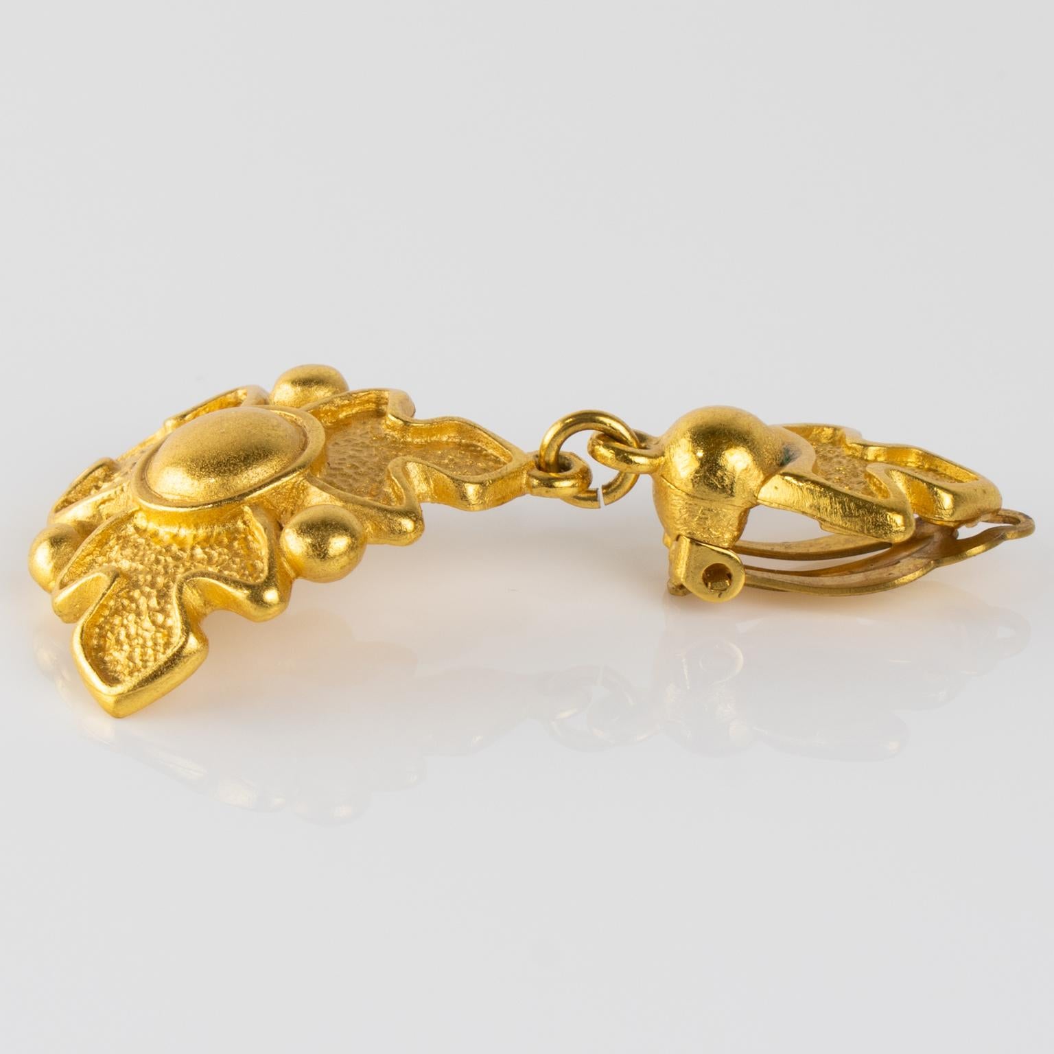 Rochas Paris Textured Gilded Metal Dangle Clip Earrings For Sale 3
