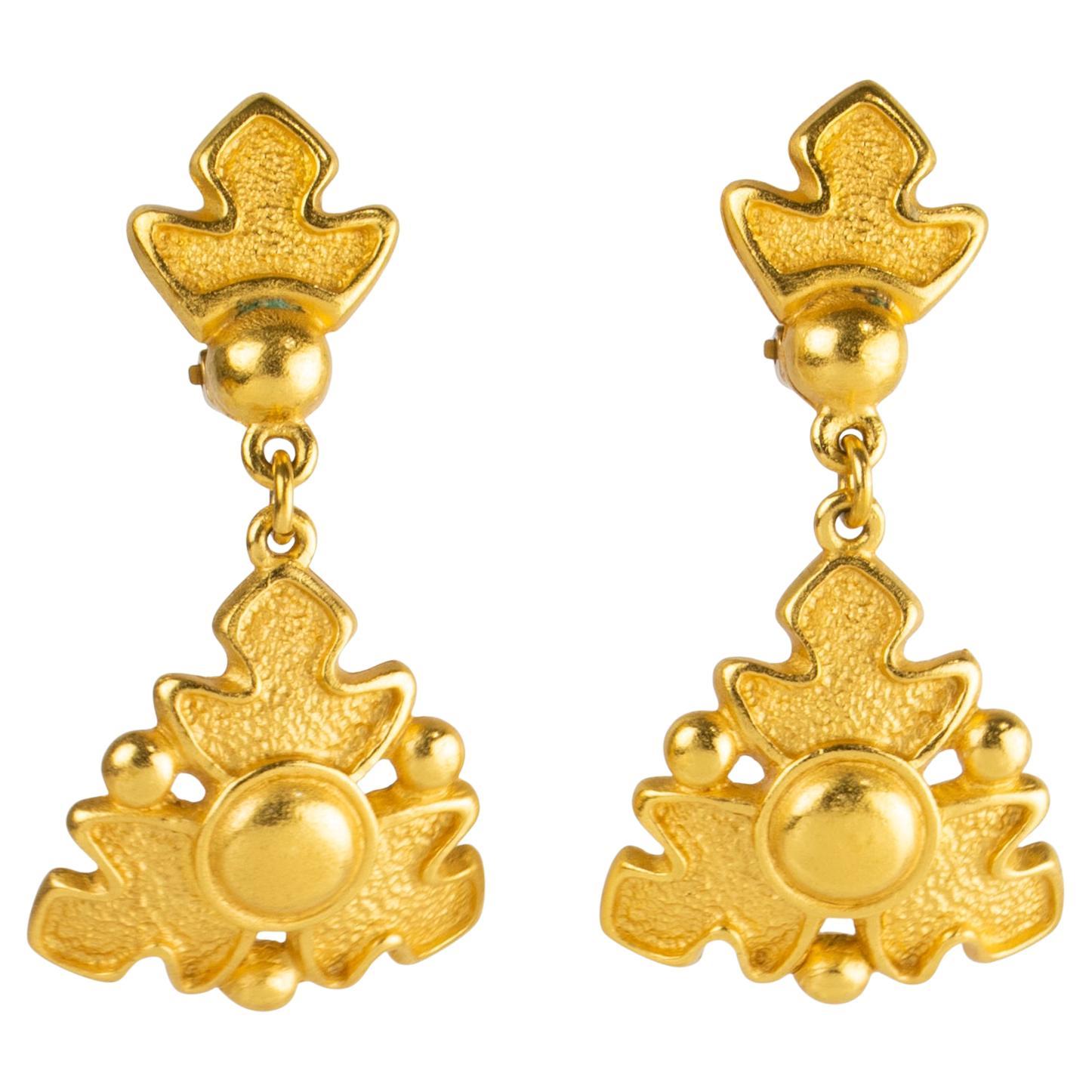 Rochas Paris Textured Gilded Metal Dangle Clip Earrings For Sale
