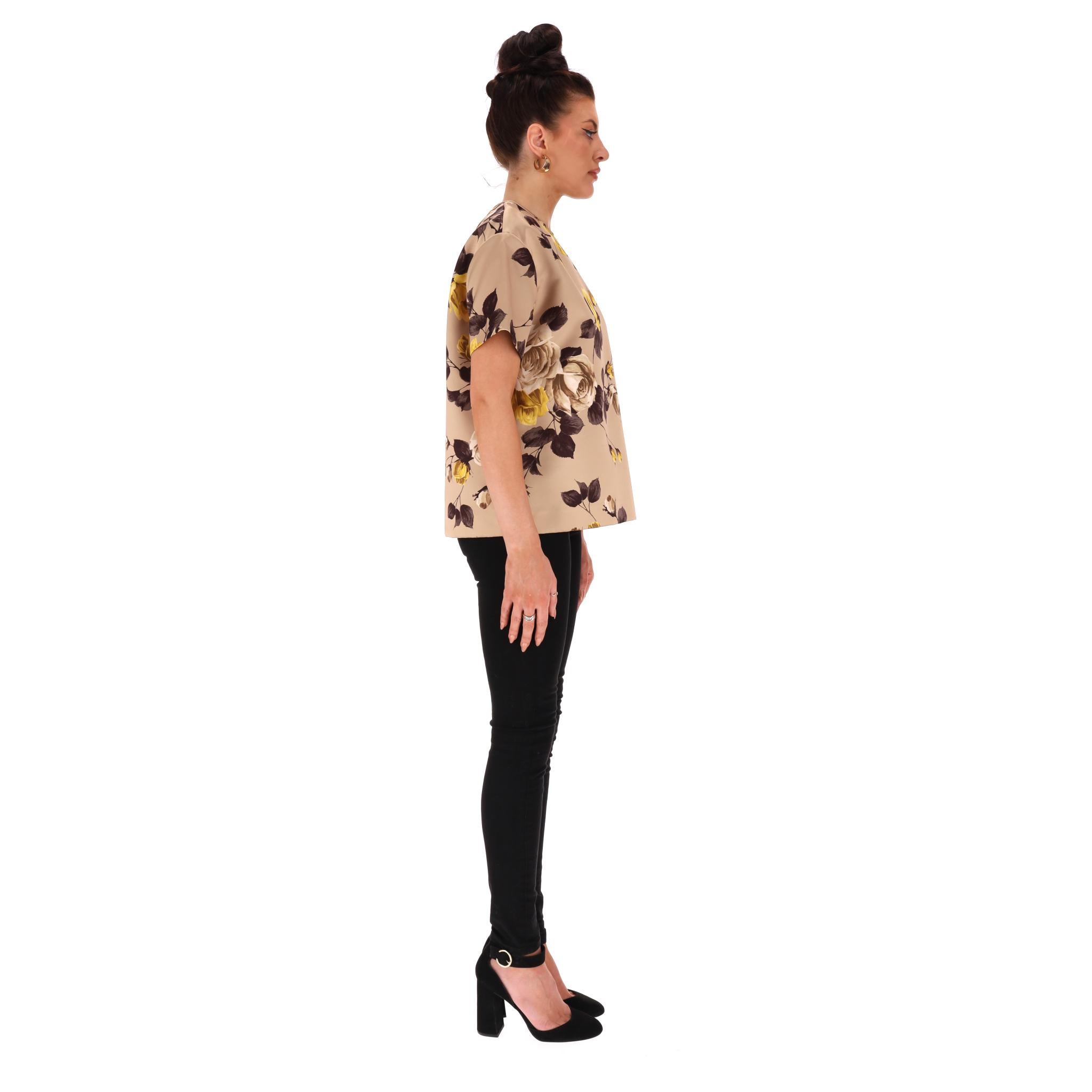 Top de satén con estampado de rosas Rochas Beige en venta