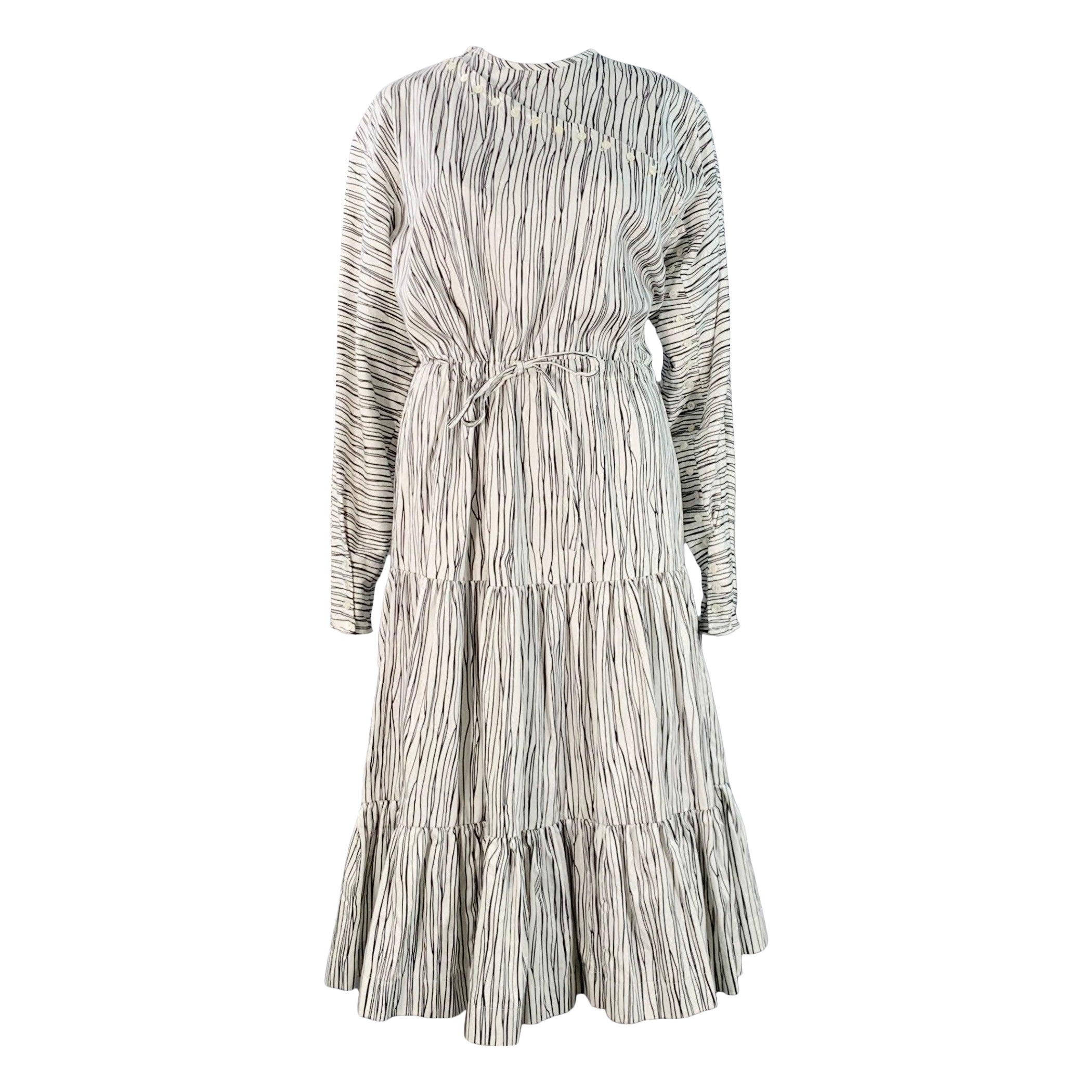 Rochas Size 2 Black White Cotton Stripe Button Trim A-Line Dress