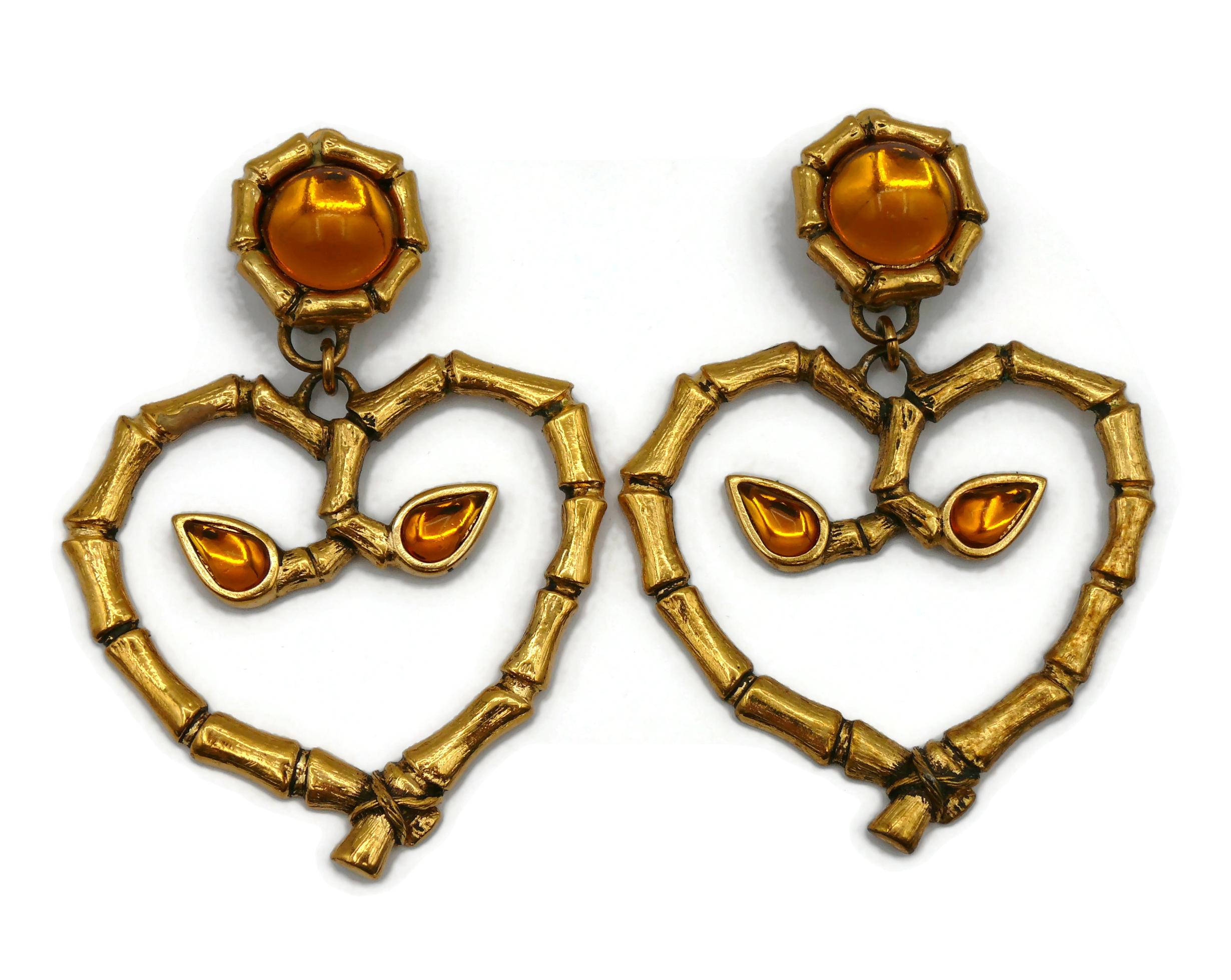 ROCHAS Vintage Bamboo Heart Dangling Earrings In Good Condition For Sale In Nice, FR