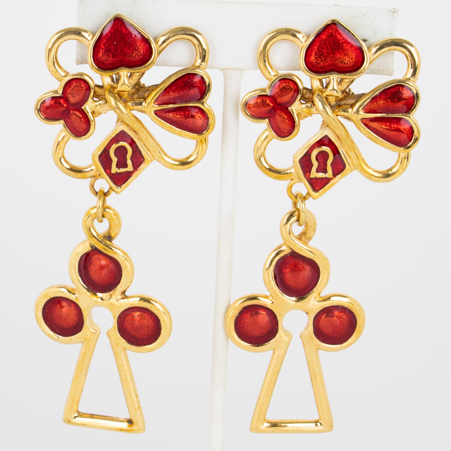 Rochas Gilded Metal and Red Enamel Clip Earrings For Sale 2