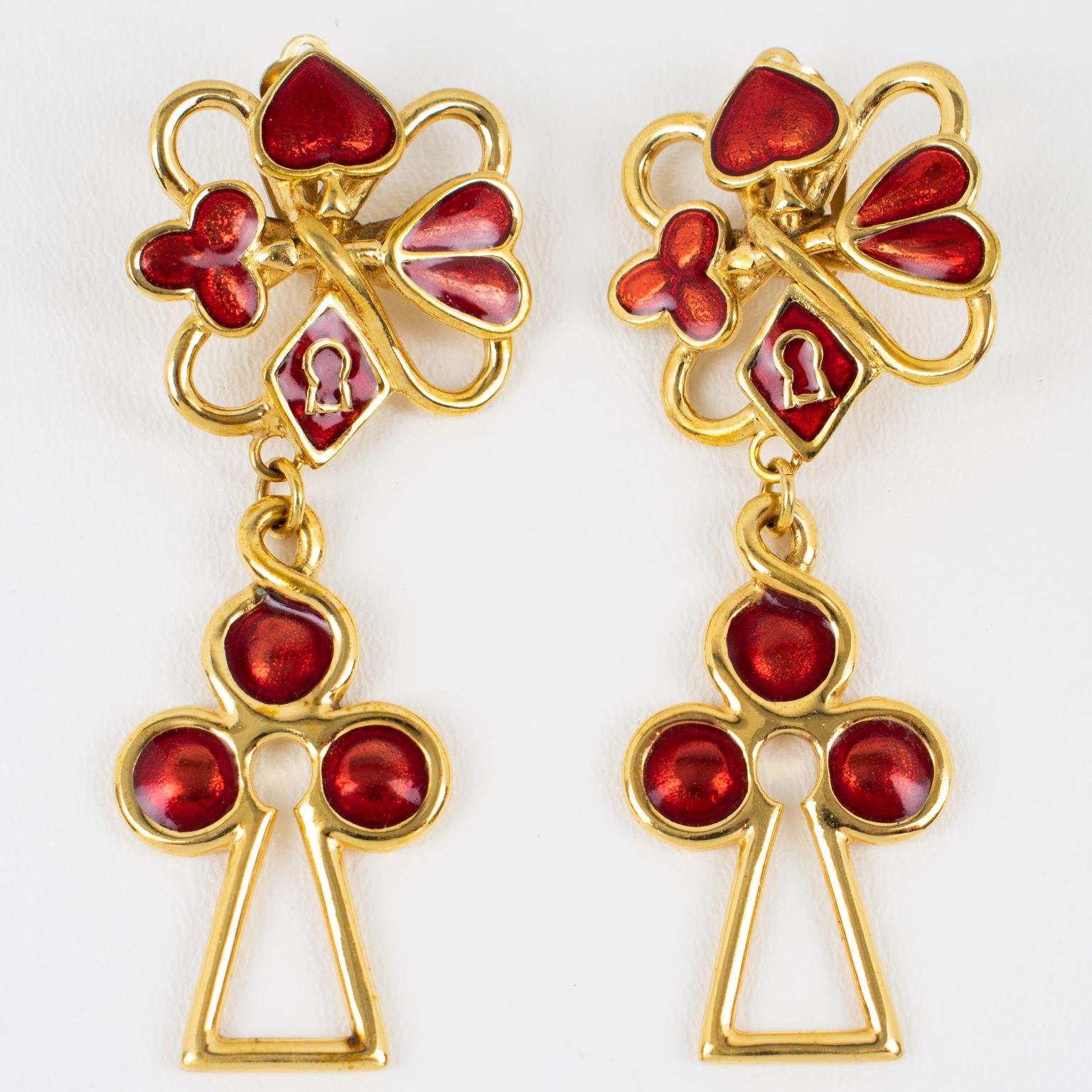 Modern Rochas Gilded Metal and Red Enamel Clip Earrings For Sale