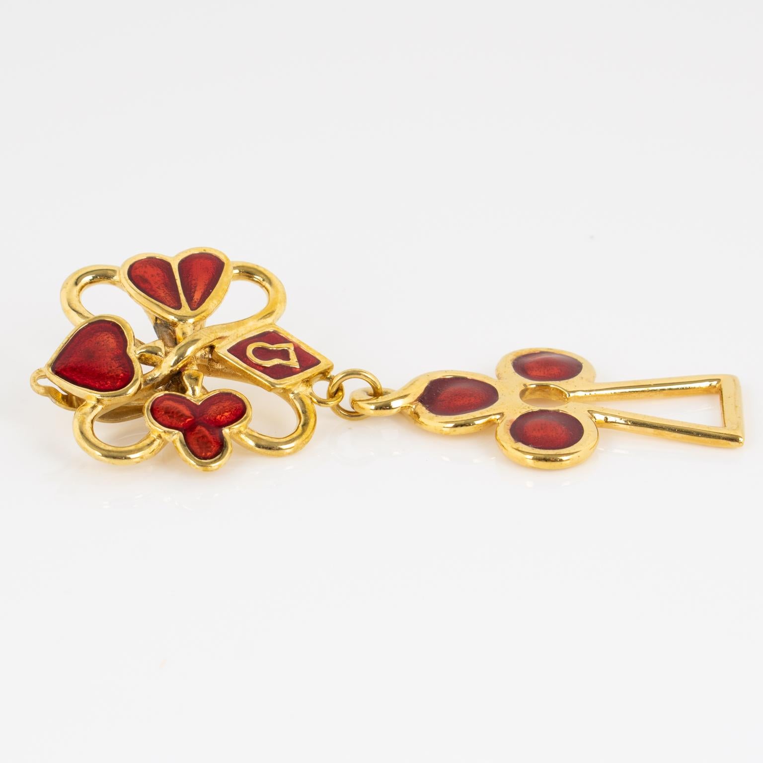 Rochas Gilded Metal and Red Enamel Clip Earrings For Sale 1
