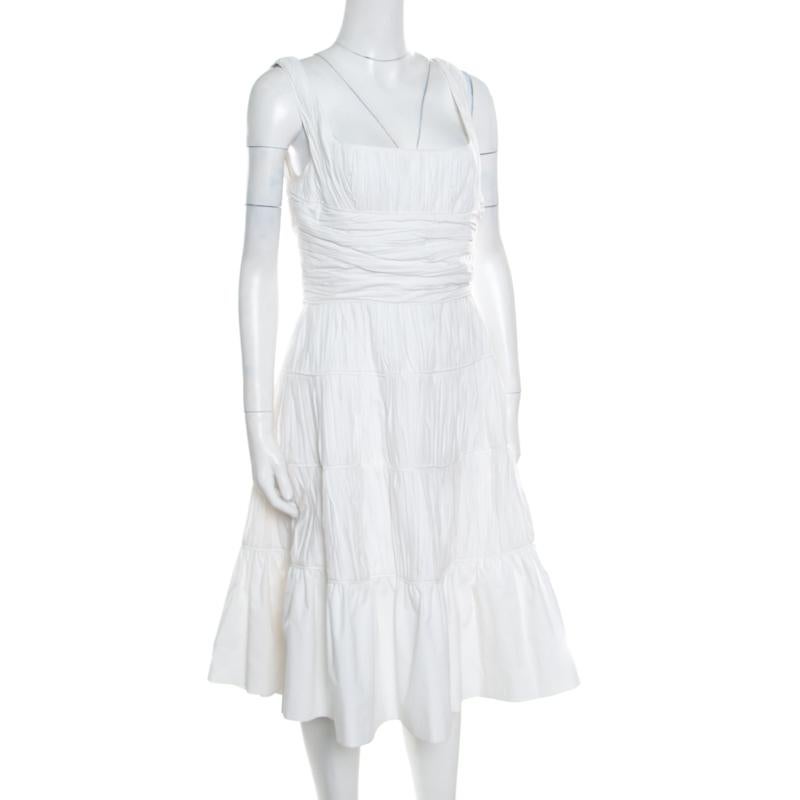 Gray Rochas White Ruched Cotton Square Neck Paneled A Line Dress L