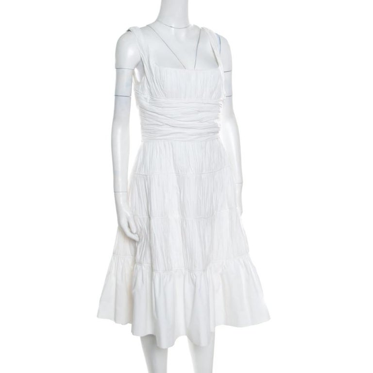 Rochas White Ruched Cotton Square Neck Paneled A Line Dress L at 1stDibs