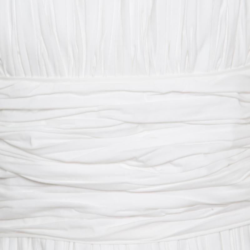 Rochas White Ruched Cotton Square Neck Paneled A Line Dress L In Excellent Condition In Dubai, Al Qouz 2