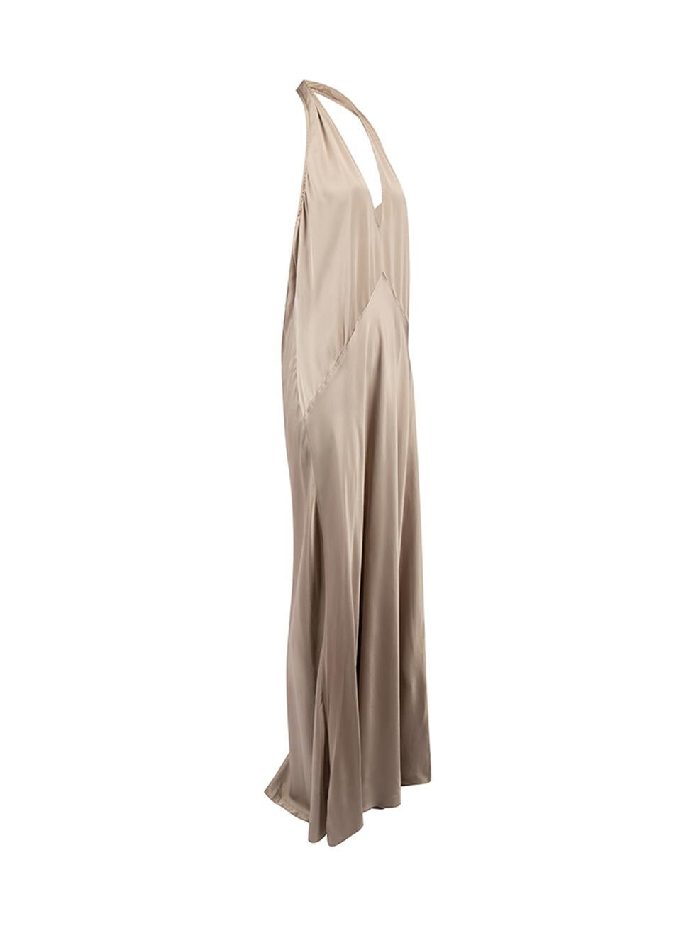 CONDITION is Very good. Minimal wear to dress is evident. Minimal wear to the outer satin fabric where a small stain can be seen on the front of this used Rochas designer resale item. 
 
 Details
  Beige
 Synthetic
 Maxi dress
 Halter plunge