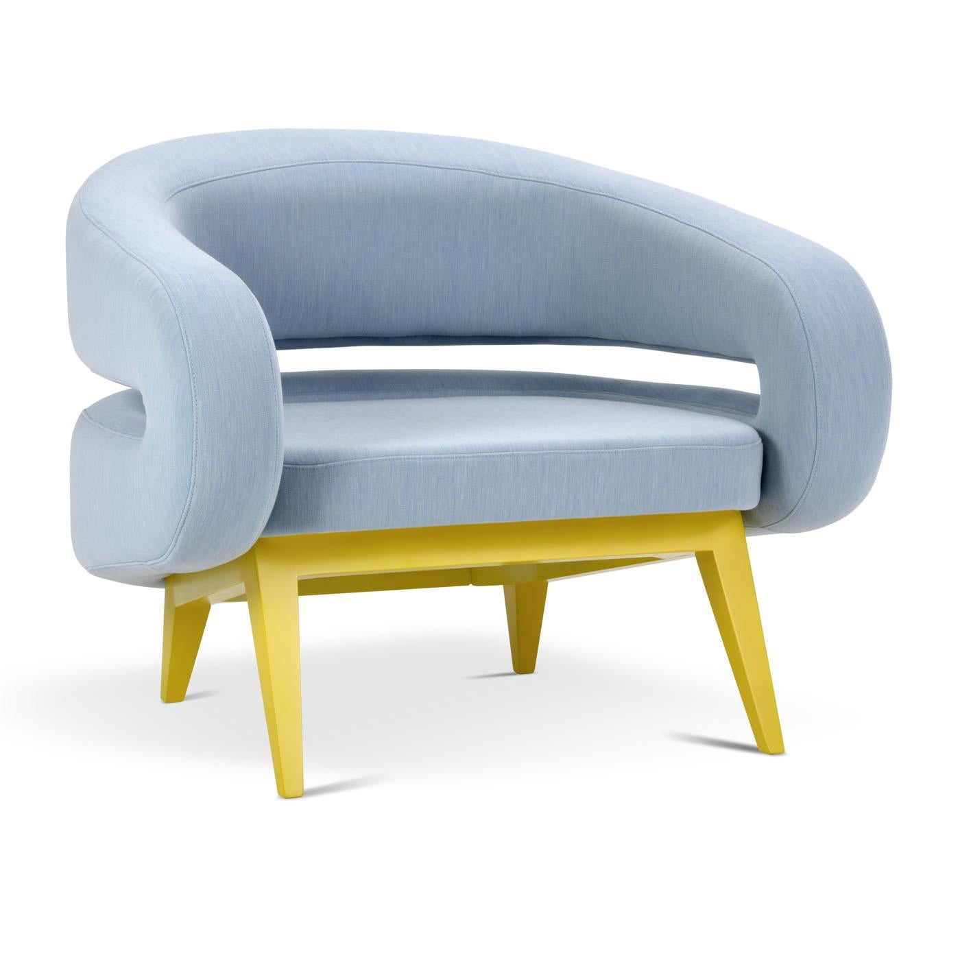 The geometric design offers a futuristic aspect and with the base made from beech wood, it is available in various colors. This armchair features a wrap-around back and the seat is padded in non-deformable polyurethane foam in various densities. The