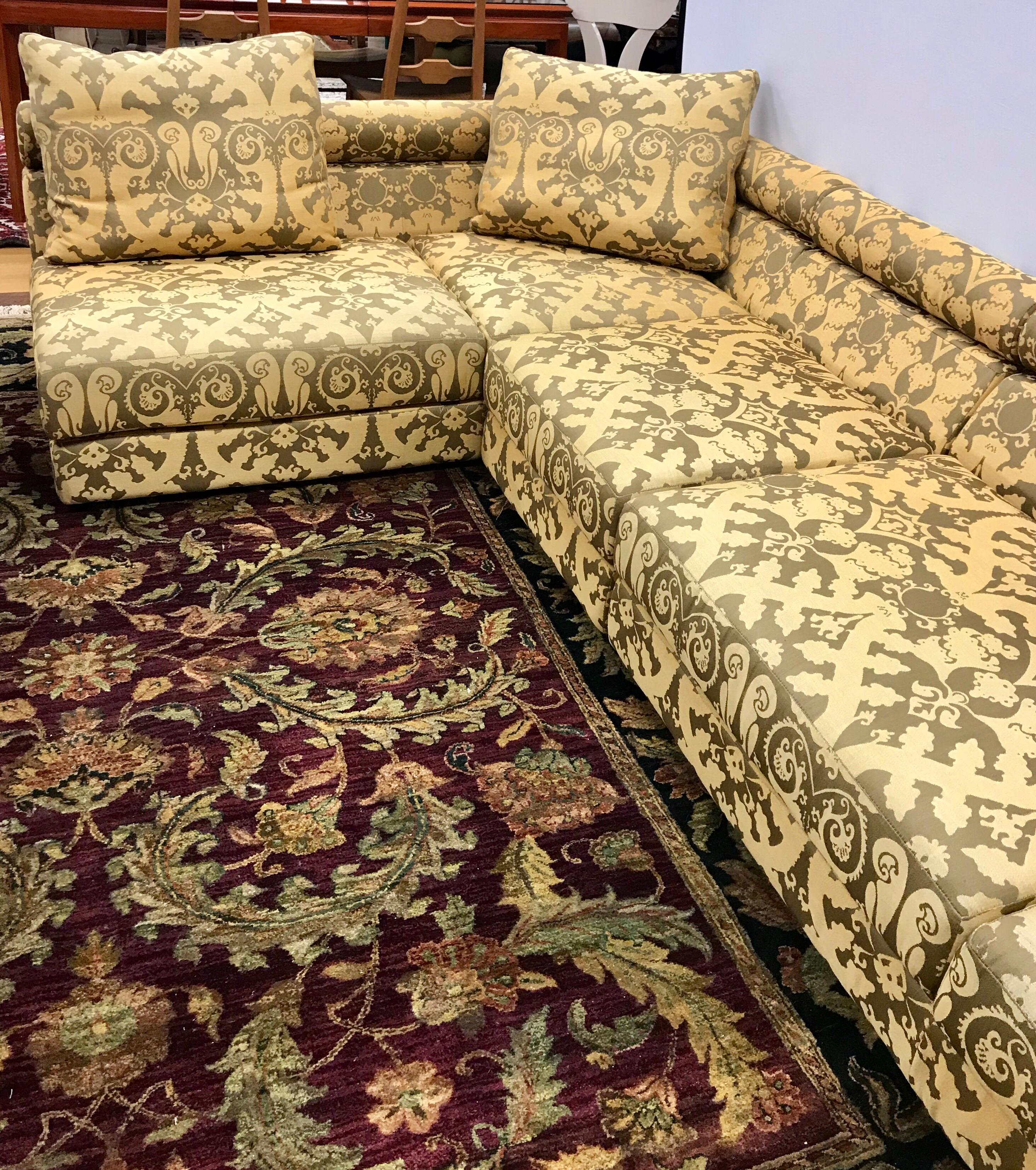 Large three-piece Roche Bobois modular sectional sofa with custom Kravet fabric. Purchased new ten year ago from Roche Bobois NYC, it has sat in a living room since then and was sat on very rarely.
As it is configured in the photos, its dimensions